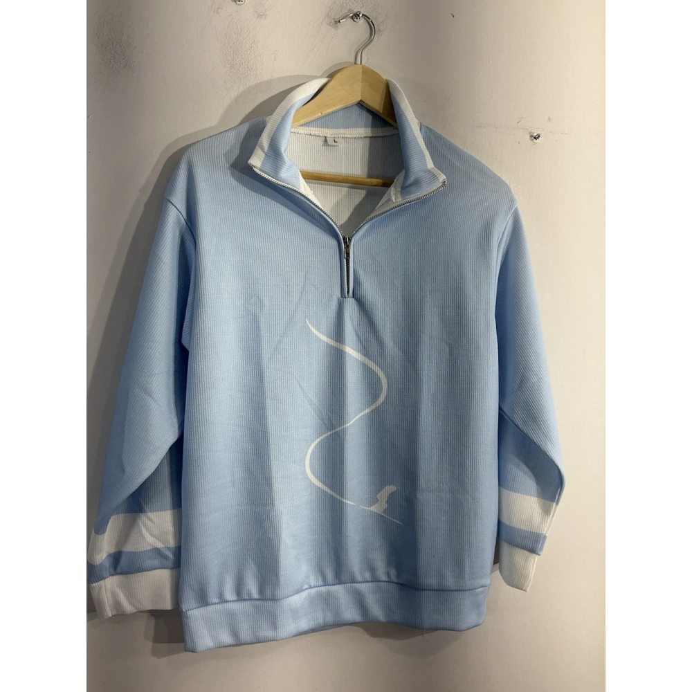 Womans Pullover Sweatshirt Large Blue White 1/4zip Long Sleeve Collar